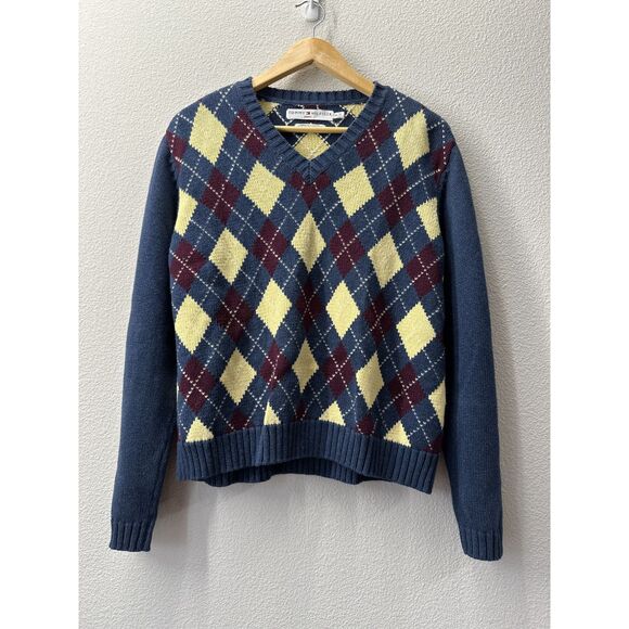 Tommy Hillfiger Men's Argyle Sweater Lambswool Grandpa Knit Retro Classic XL - Picture 1 of 5